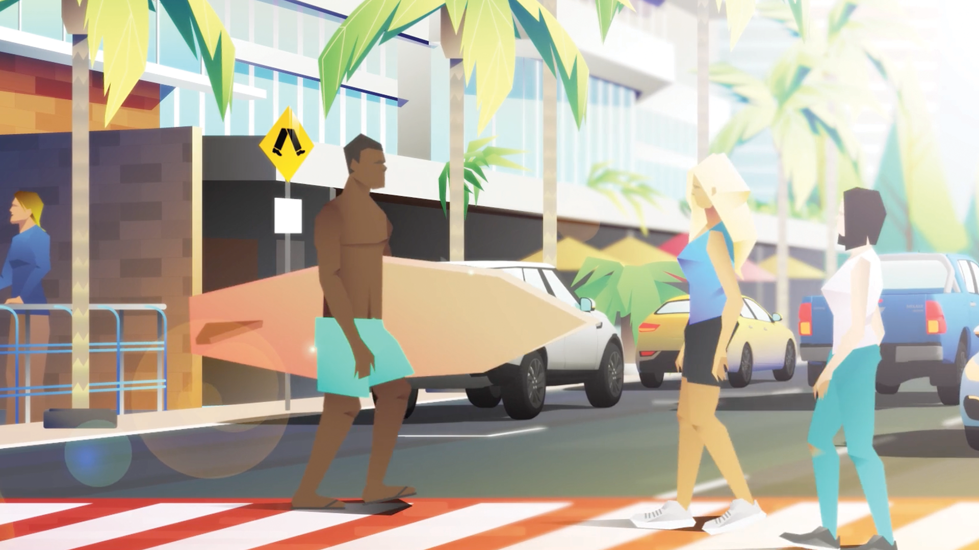 Characters walking across a road in a bustling Gold Coast community street