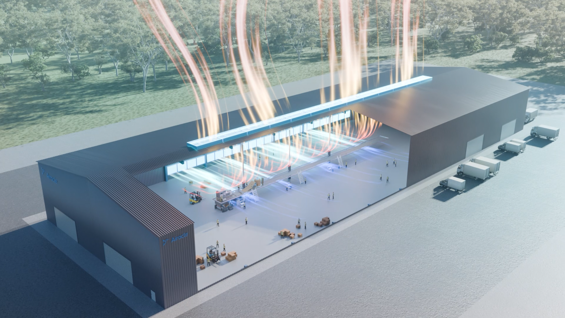 A 3D animated rendering of a warehouse using vents to increase airflow