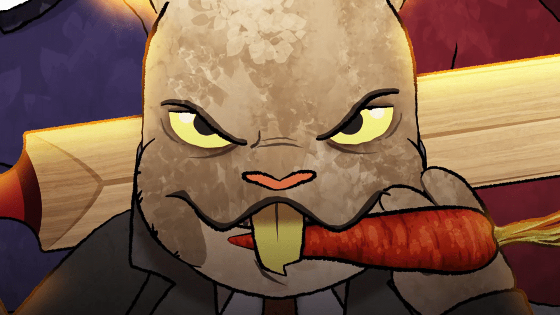 Close up 2D hand drawn animated rabbit character biting into carrot