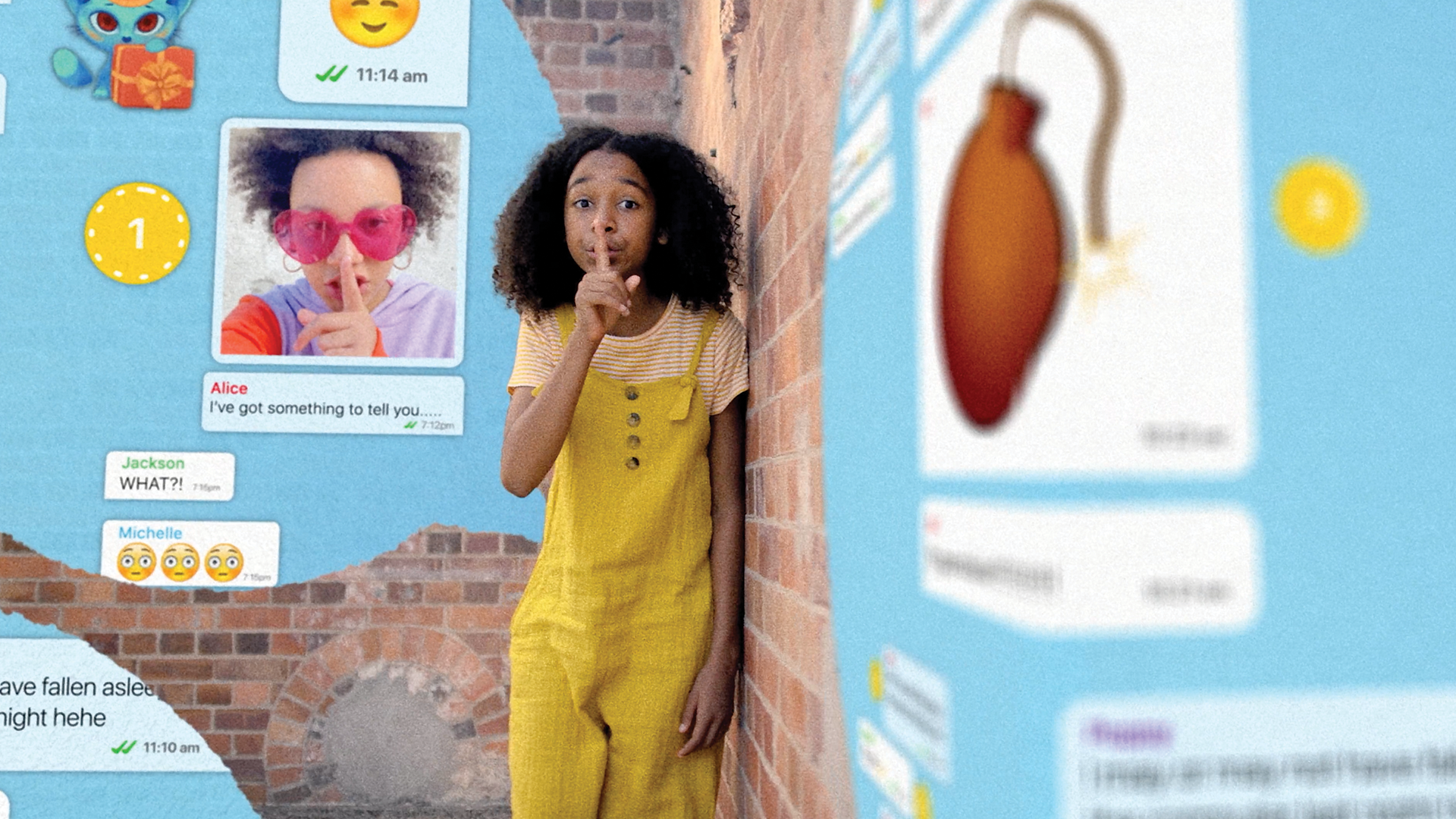 Girl shushes camera while motion graphics animate around her
