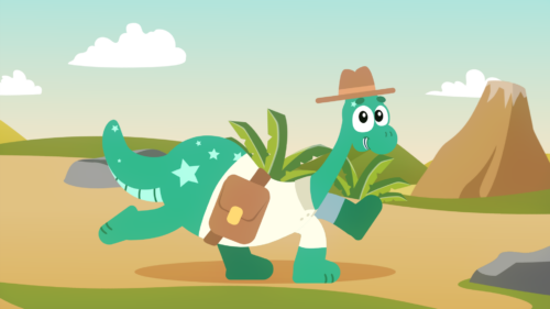 Dinosaur wearing clothes and satchel running through a prehistoric landscape with volcano and rocky terrain
