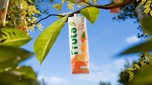 Fruit juice carton hanging from tree branch surrounded by fresh leaves beverage commercial animation project