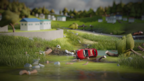 3D animation still of a car swept into floodwaters beside damaged rural properties