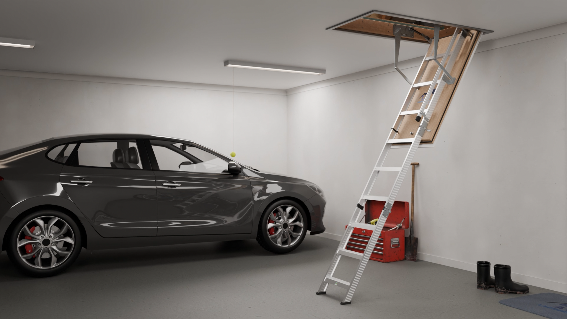 3D animated garage scene with an attic ladder