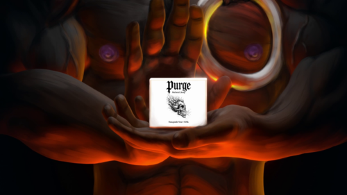 Demonic character Purge Lord presenting mens soap product in dark fantasy commercial animation project