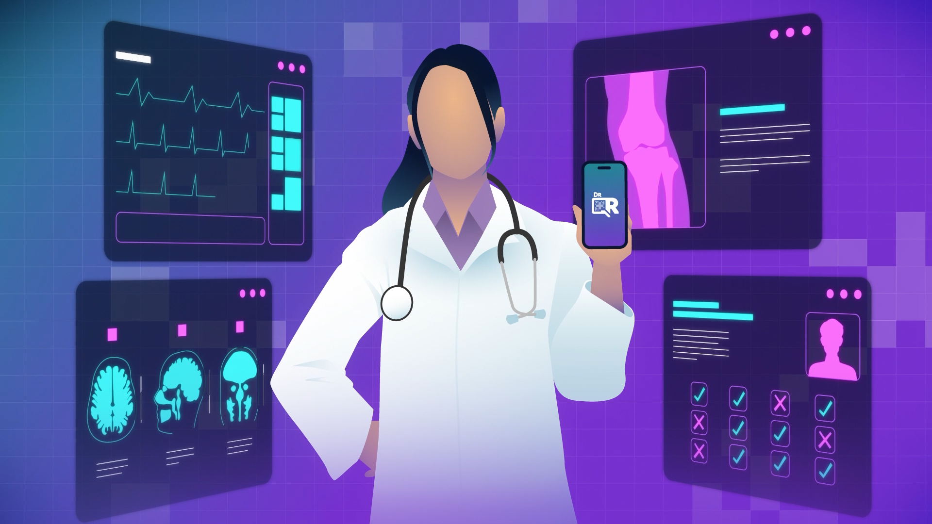 A doctor holds up a phone